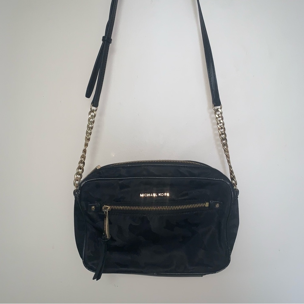 Michael Kors Black and Gold Camo Crossbody Bag